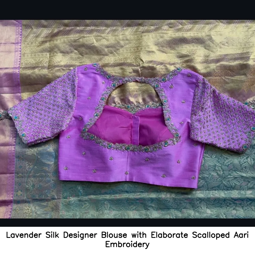 Lavender Silk Designer Blouse with Elaborate Scalloped Aari Embroidery 4