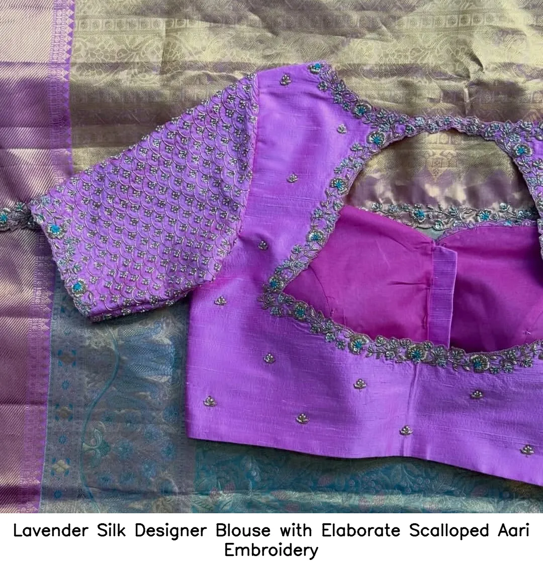 Lavender Silk Designer Blouse with Elaborate Scalloped Aari Embroidery 5