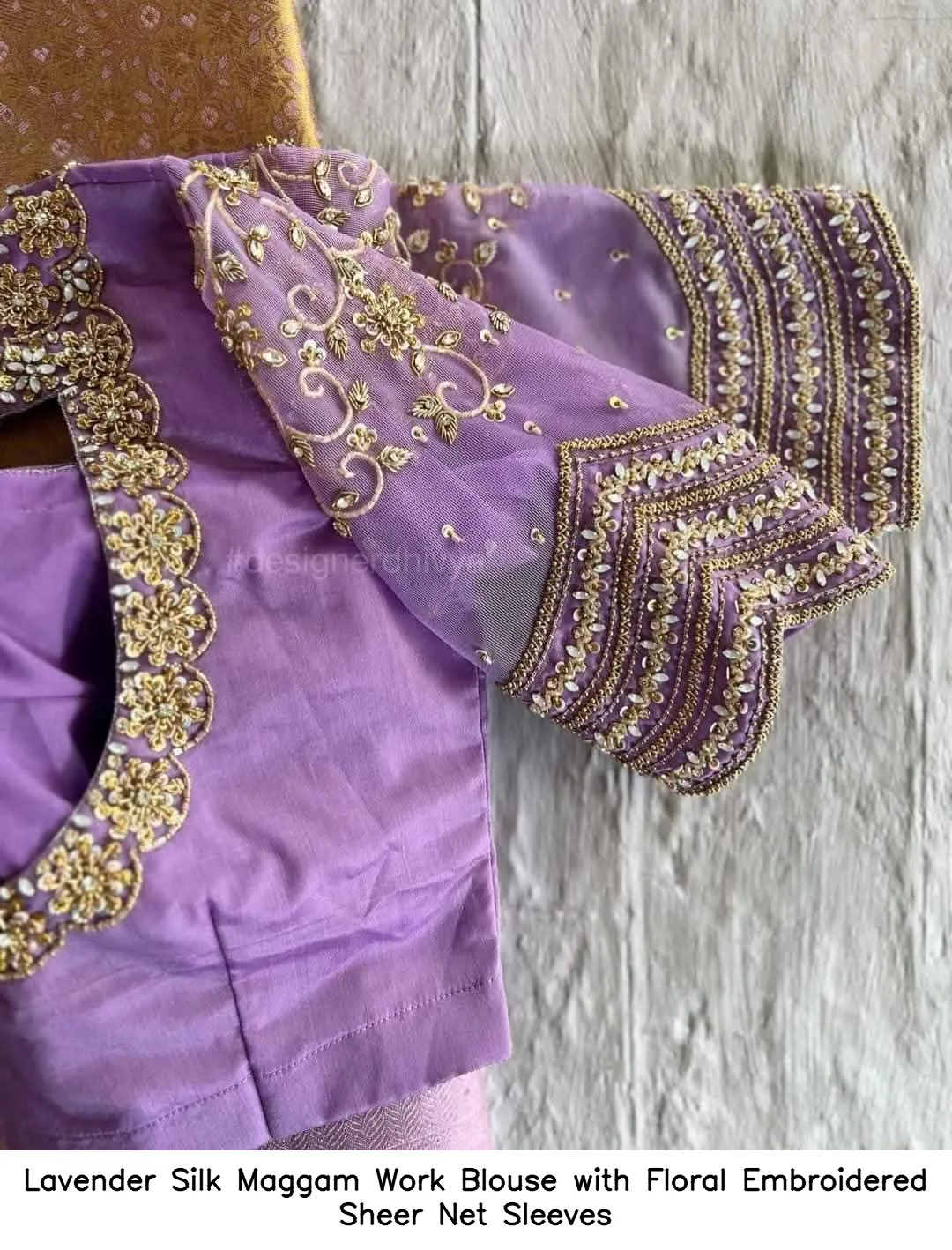 Lavender Silk Maggam Work Blouse with Floral Embroidered Sheer Net Sleeves