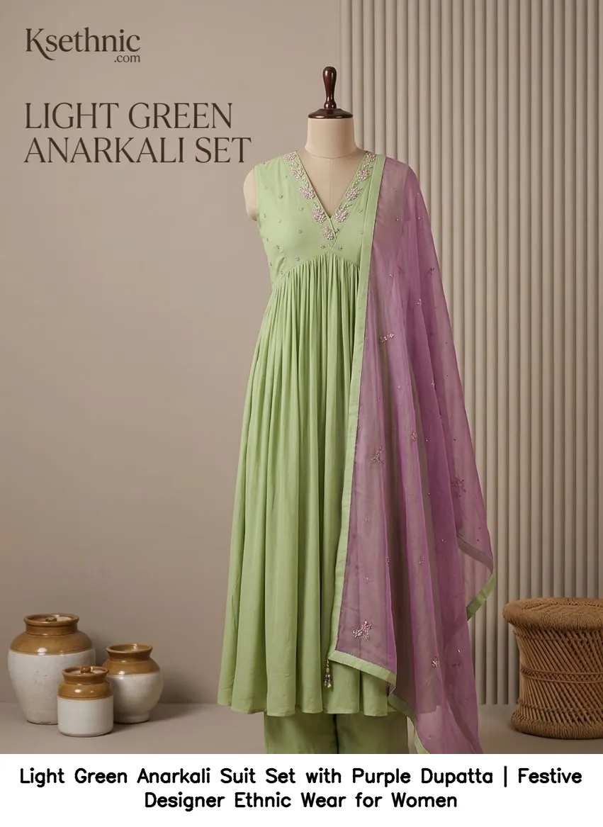 Light Green Anarkali Suit Set with Purple Dupatta | Festive Designer Ethnic Wear for Women