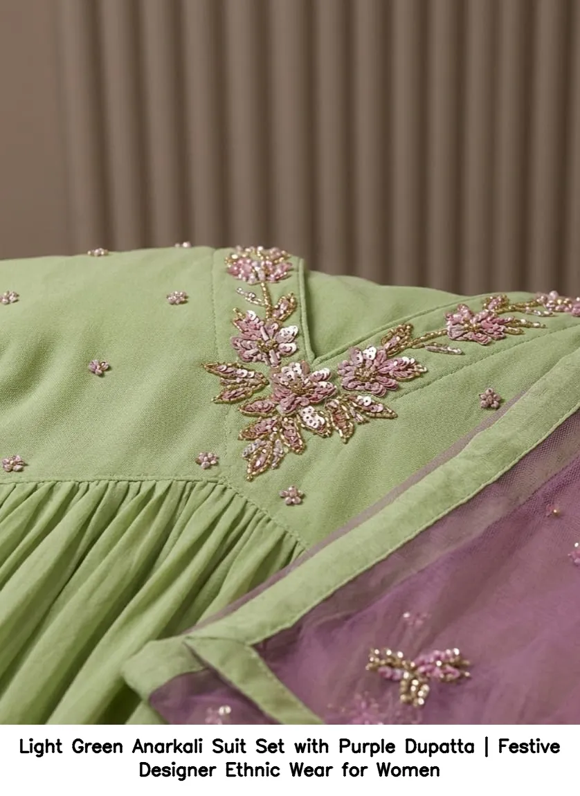 Light Green Anarkali Suit Set with Purple Dupatta | Festive Designer Ethnic Wear for Women 2