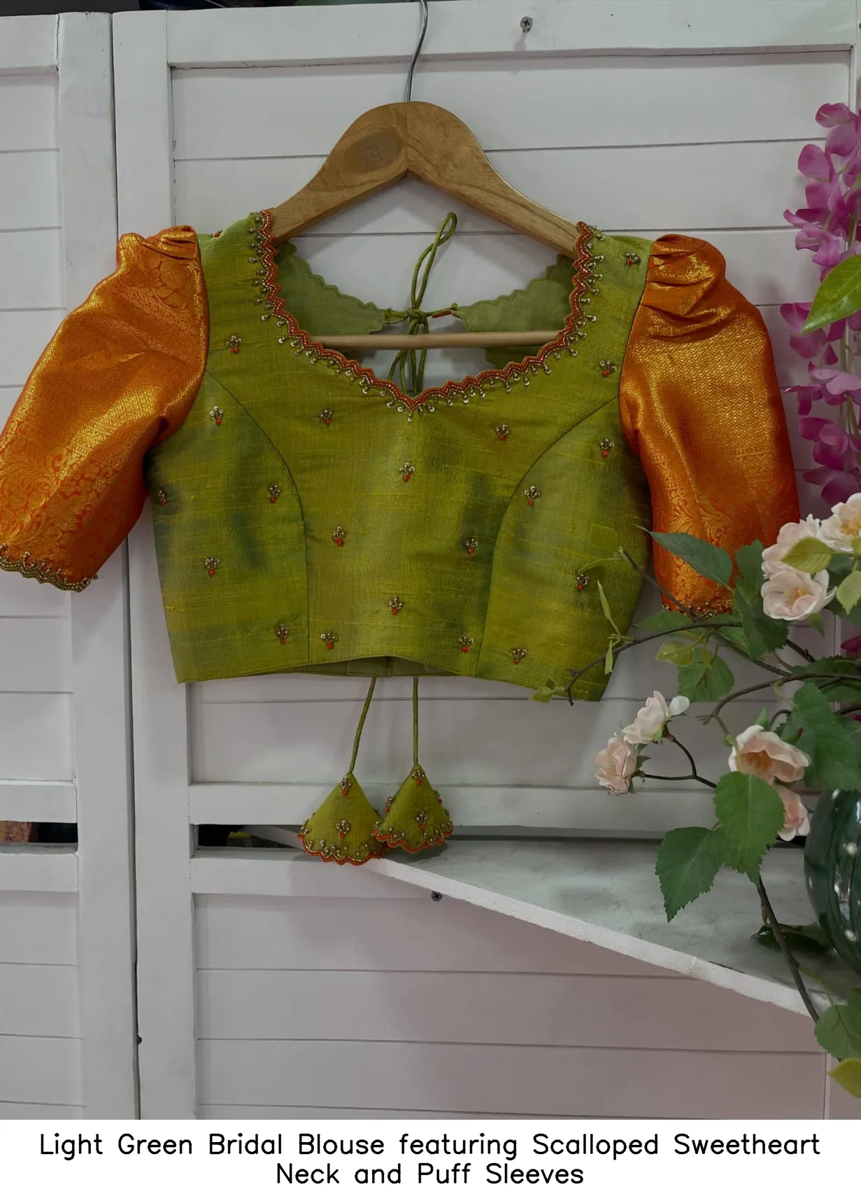 Light Green Bridal Blouse featuring Scalloped Sweetheart Neck and Puff Sleeves