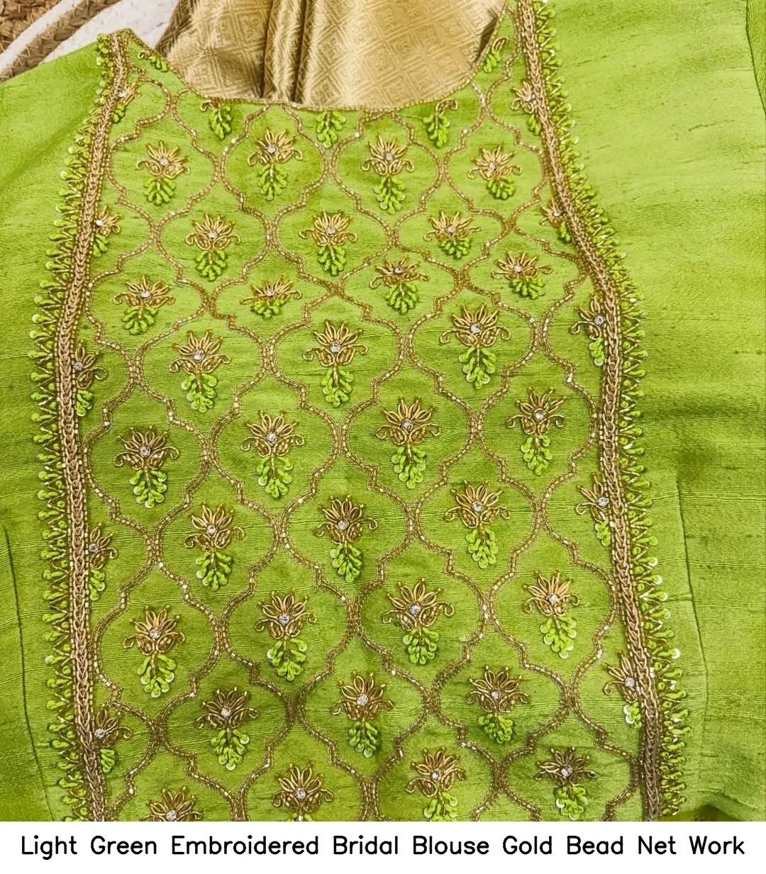 Light Green Embroidered Bridal Blouse – Gold Bead Net Work