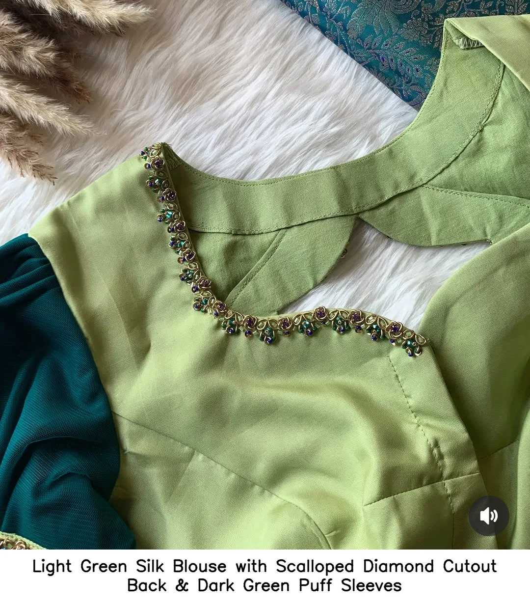 Light Green Silk Blouse with Scalloped Diamond Cutout Back & Dark Green Puff Sleeves
