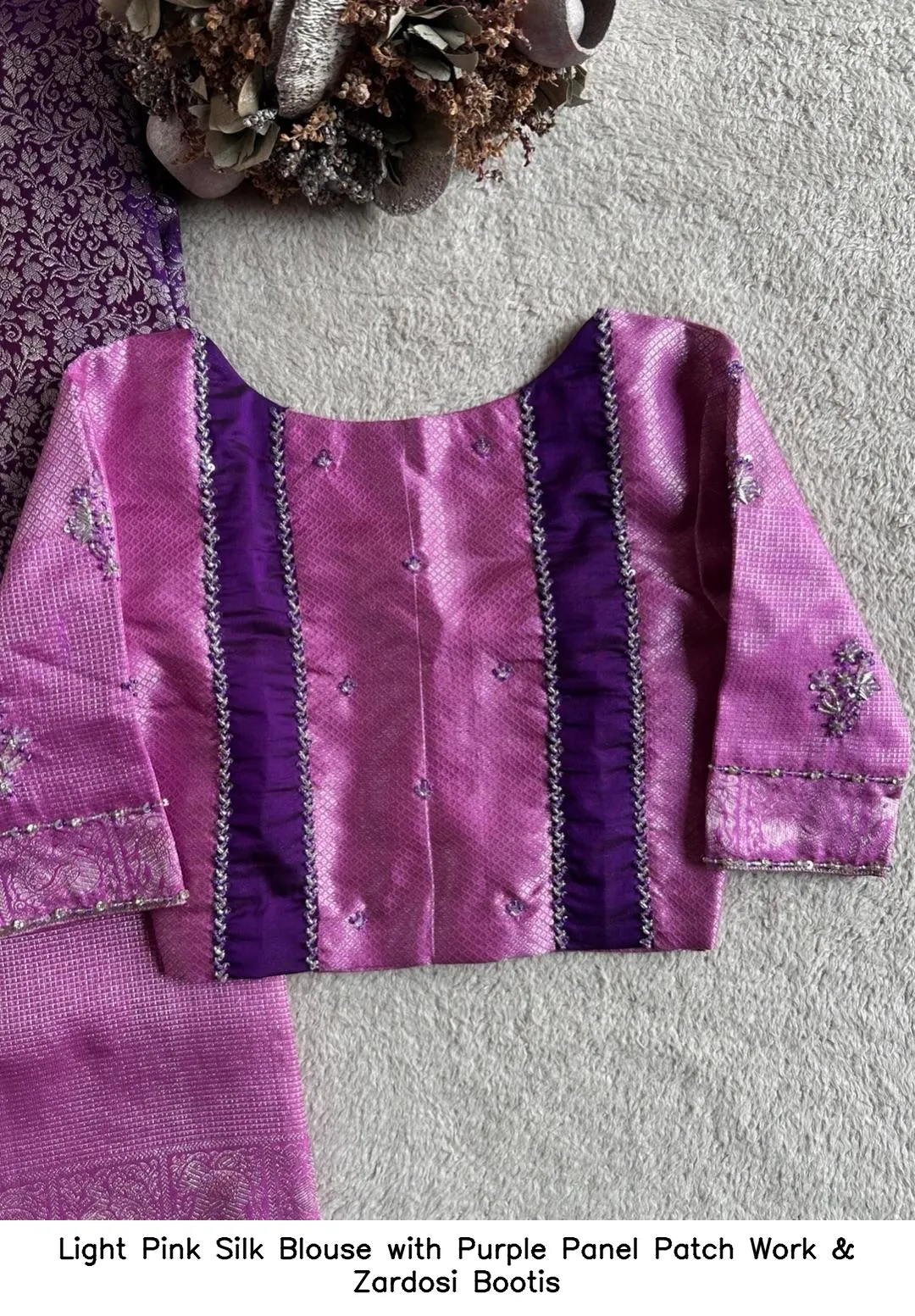 Light Pink Silk Blouse with Purple Panel Patch Work & Zardosi Bootis