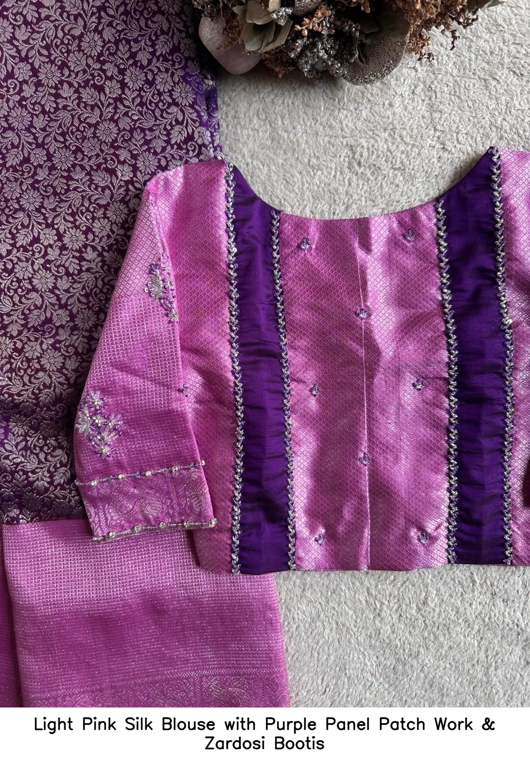 Light Pink Silk Blouse with Purple Panel Patch Work & Zardosi Bootis