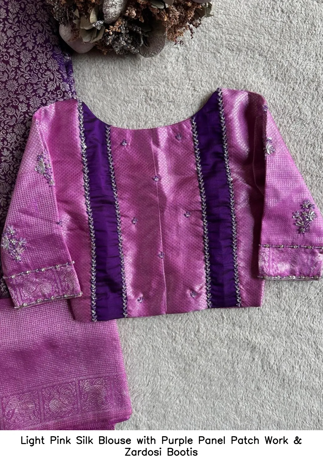 Light Pink Silk Blouse with Purple Panel Patch Work & Zardosi Bootis