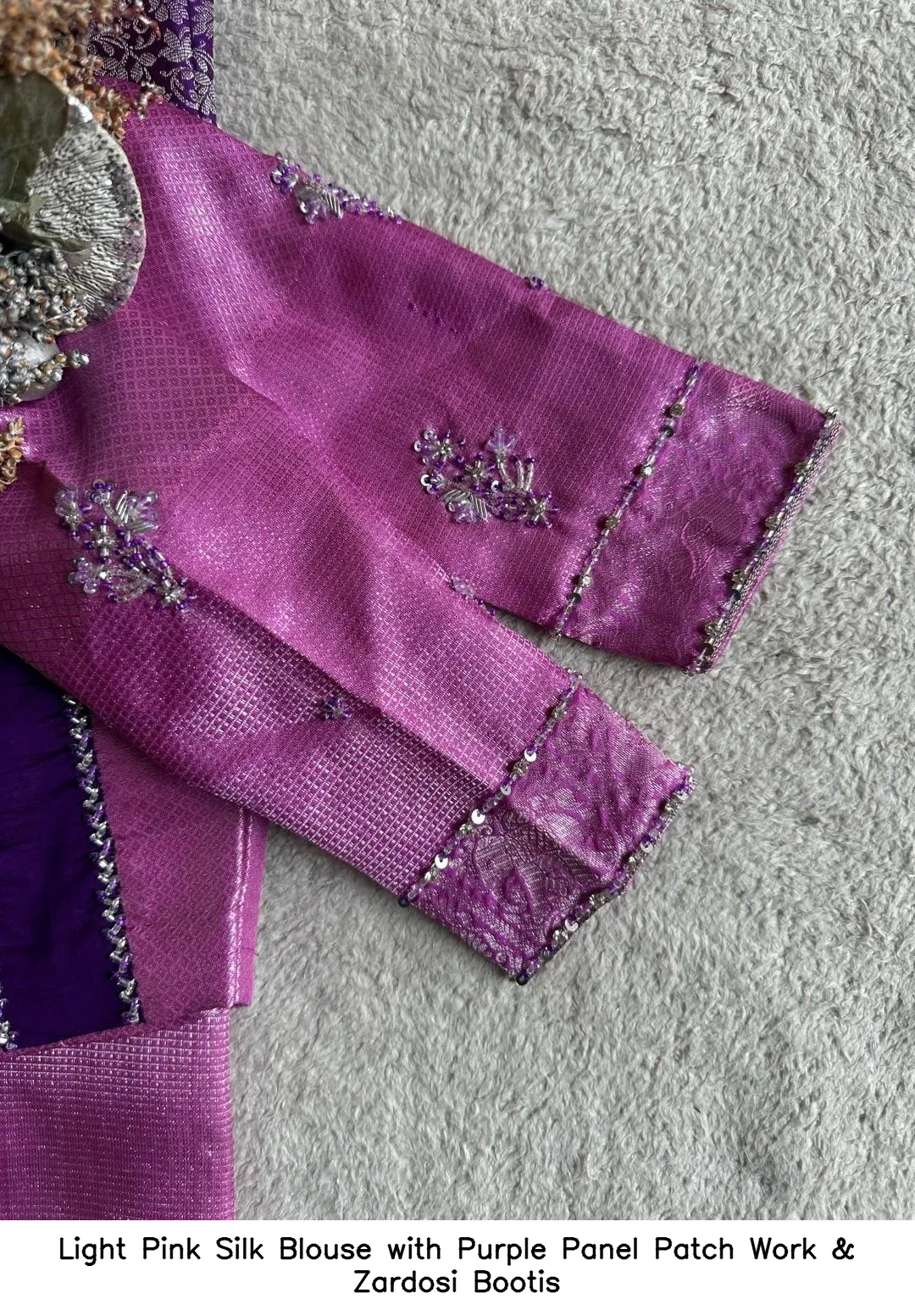 Light Pink Silk Blouse with Purple Panel Patch Work & Zardosi Bootis