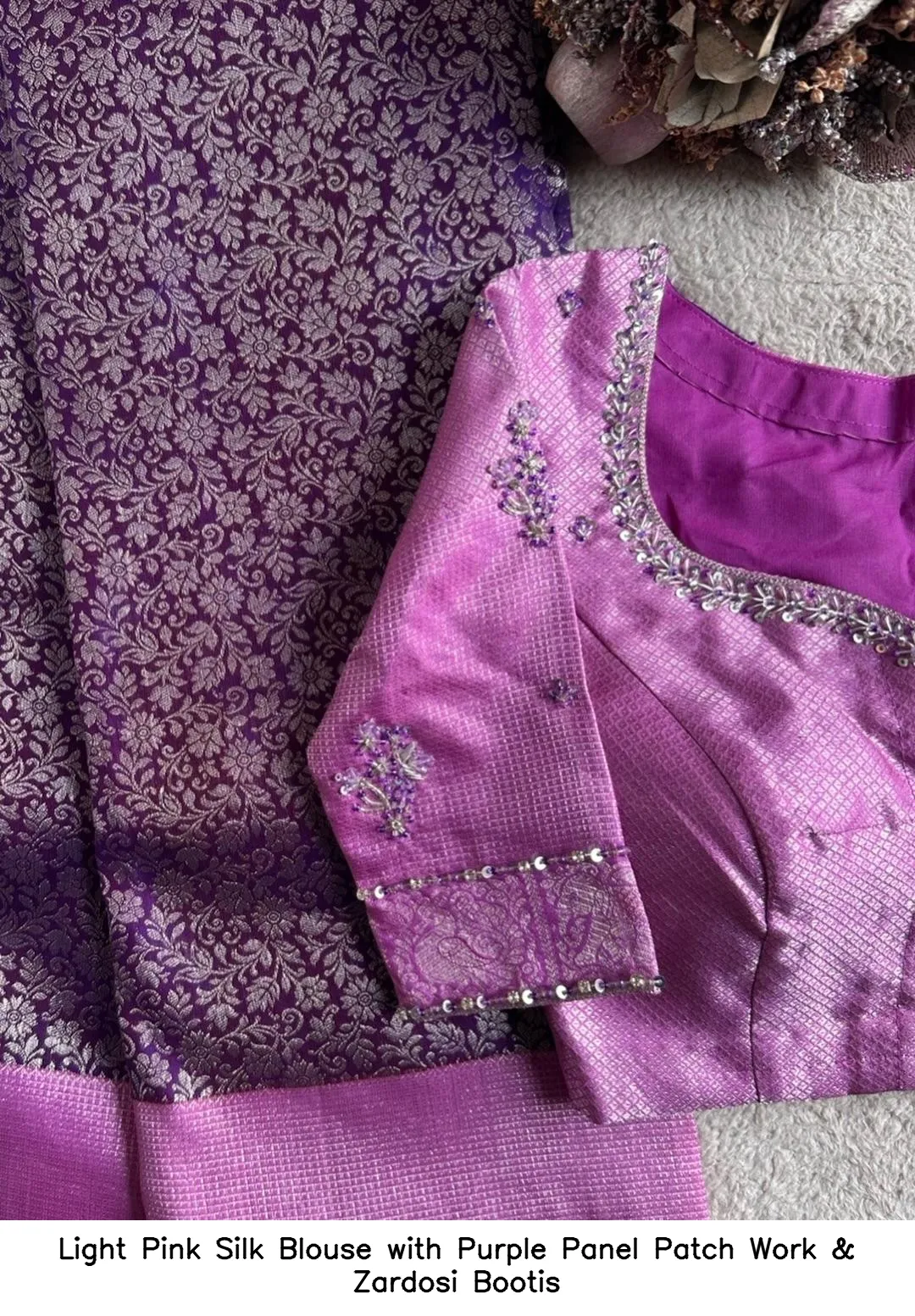 Light Pink Silk Blouse with Purple Panel Patch Work & Zardosi Bootis