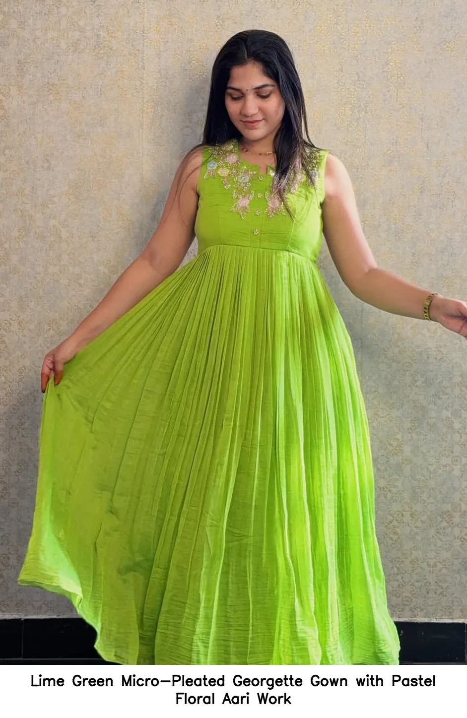 Lime Green Micro-Pleated Georgette Gown with Pastel Floral Aari Work