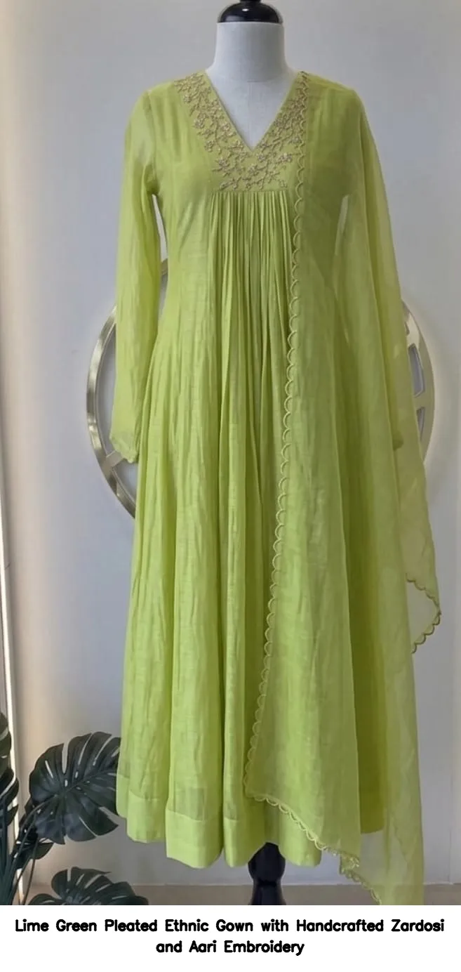 Lime Green Pleated Ethnic Gown with Handcrafted Zardosi and Aari Embroidery