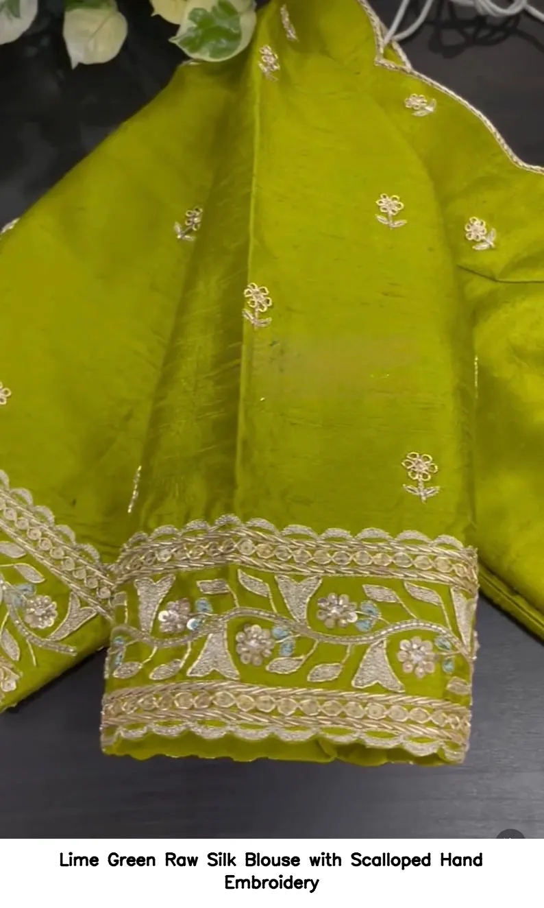 Lime Green Raw Silk Blouse with Scalloped Hand Embroidery