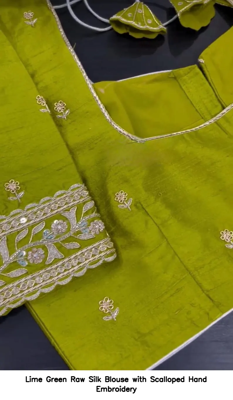 Lime Green Raw Silk Blouse with Scalloped Hand Embroidery
