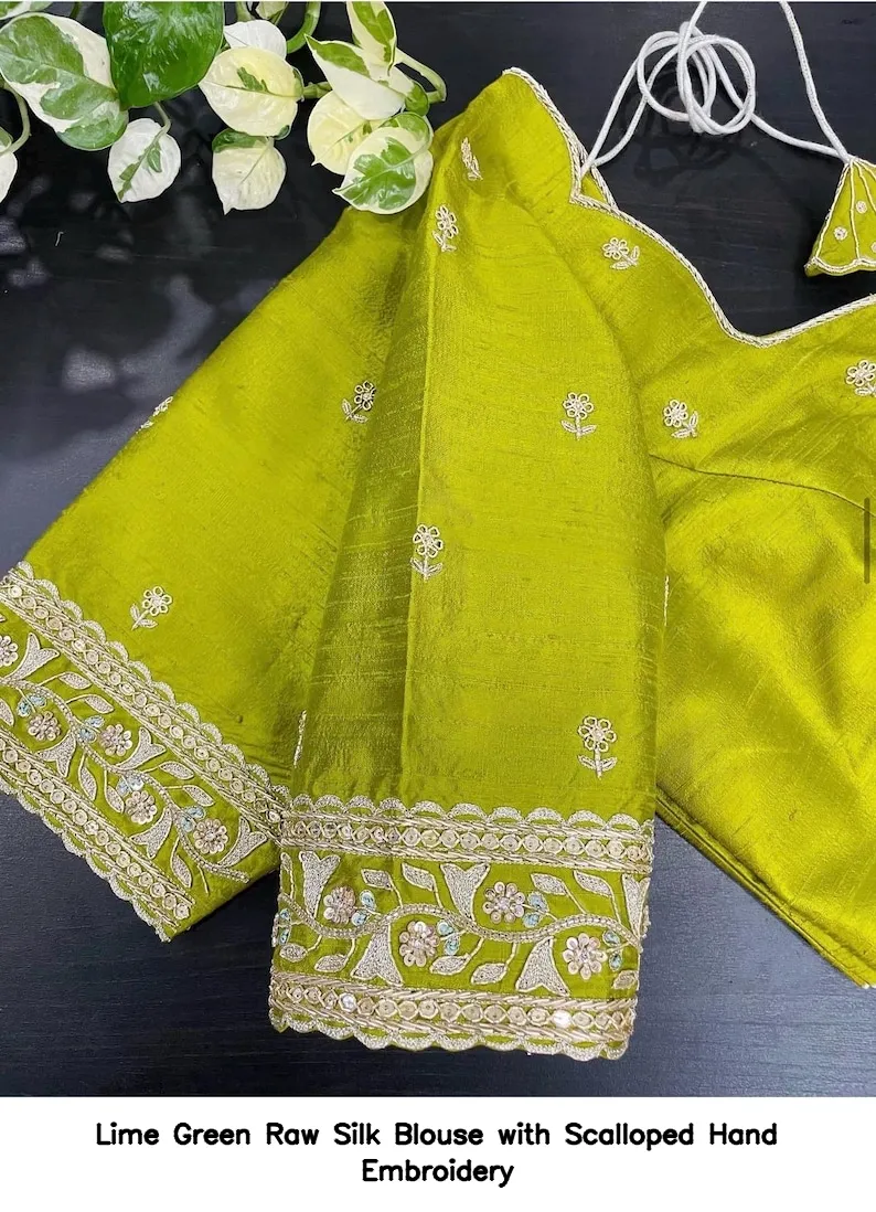 Lime Green Raw Silk Blouse with Scalloped Hand Embroidery