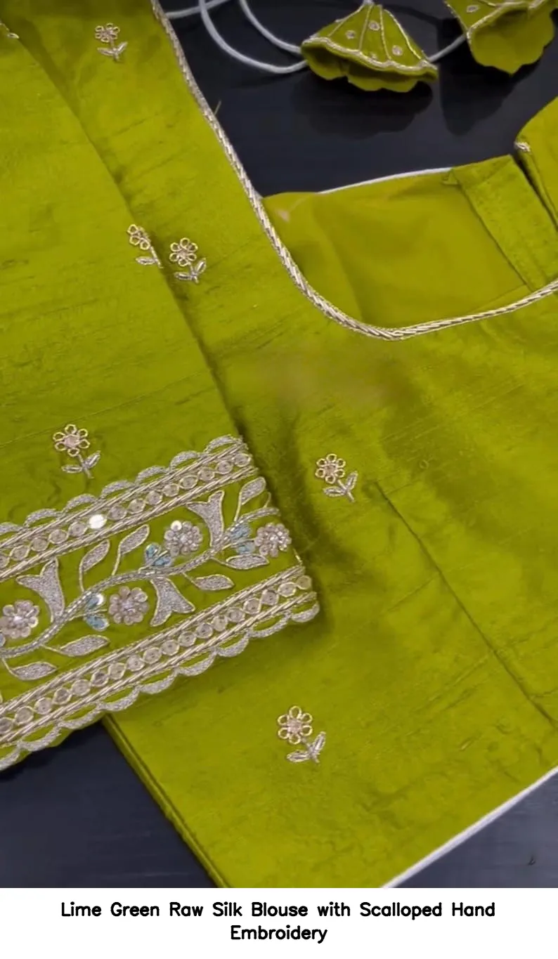 Lime Green Raw Silk Blouse with Scalloped Hand Embroidery