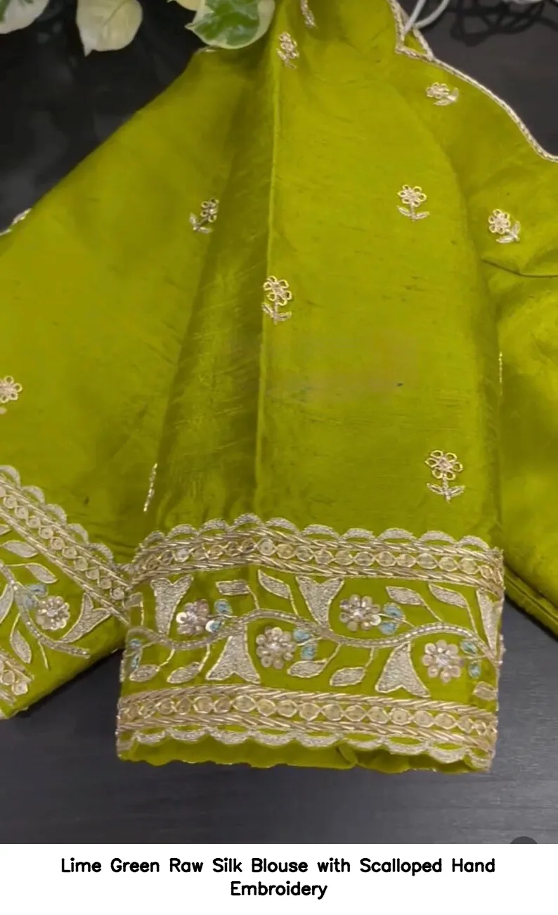 Lime Green Raw Silk Blouse with Scalloped Hand Embroidery
