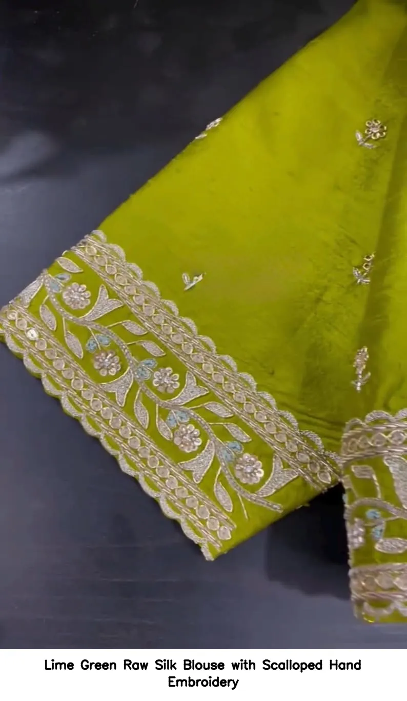 Lime Green Raw Silk Blouse with Scalloped Hand Embroidery