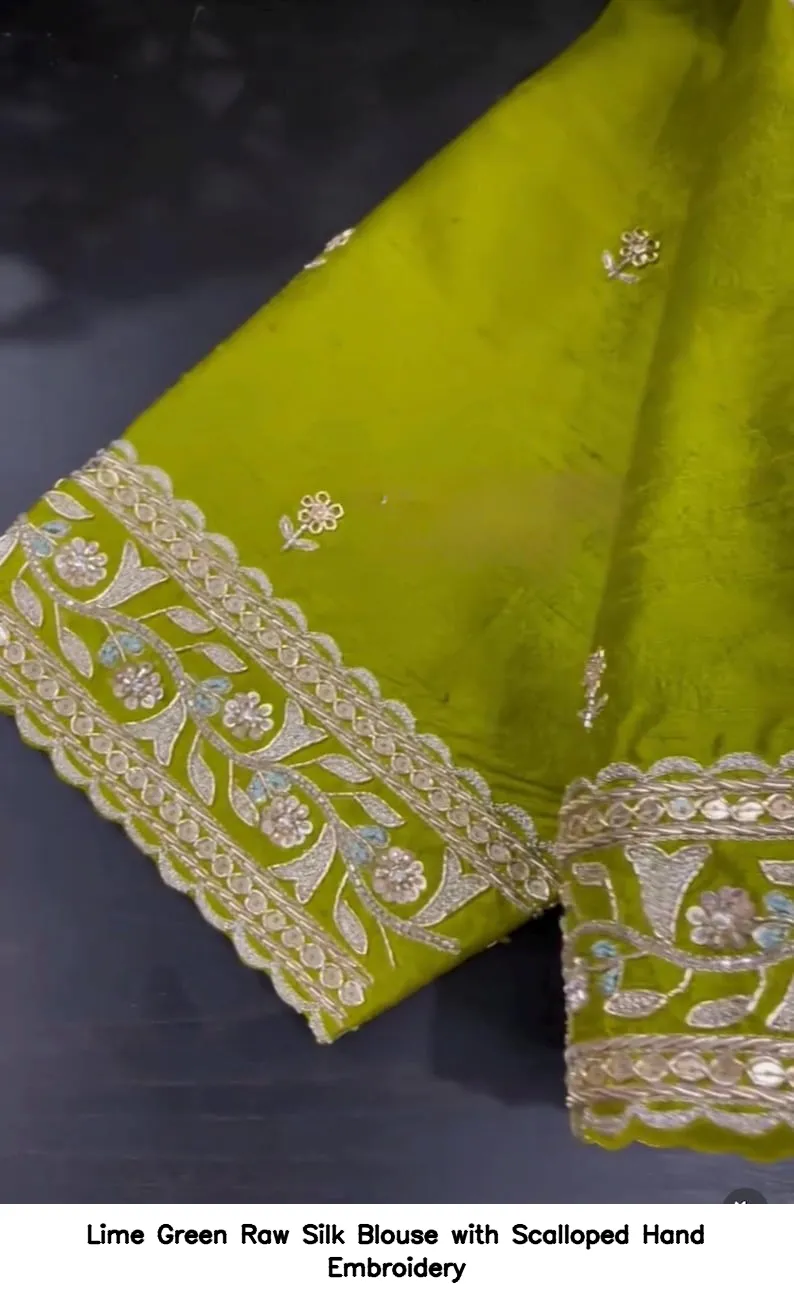 Lime Green Raw Silk Blouse with Scalloped Hand Embroidery