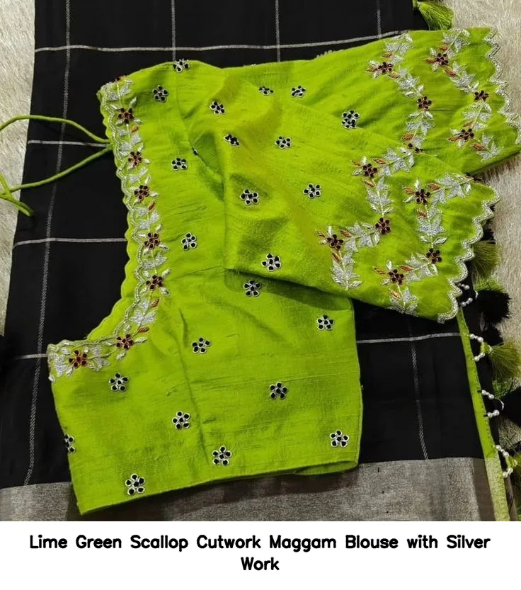 Lime Green Scallop Cutwork Maggam Blouse with Silver Work