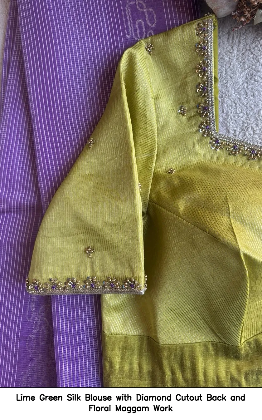 Lime Green Silk Blouse with Diamond Cutout Back and Floral Maggam Work
