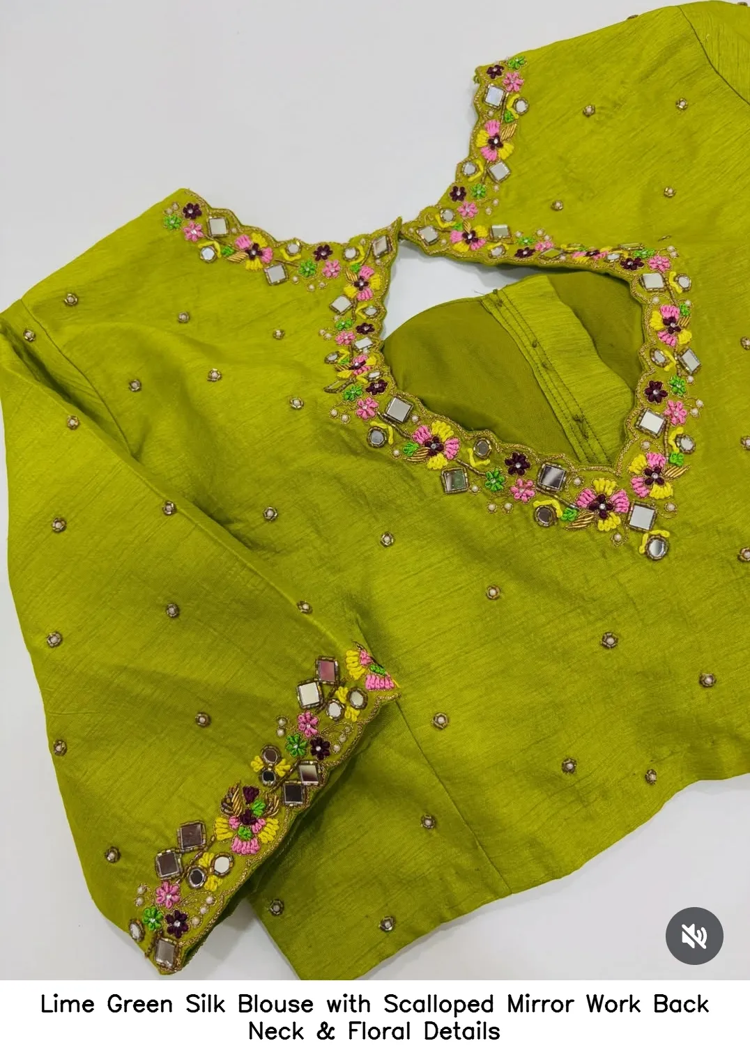 Lime Green Silk Blouse with Scalloped Mirror Work Back Neck & Floral Details