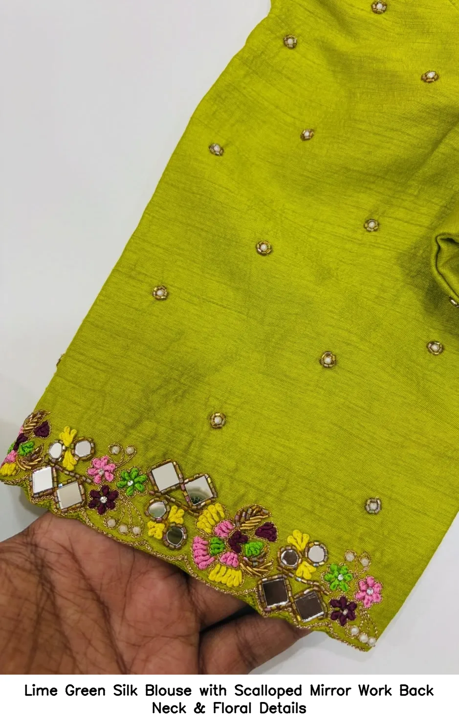 Lime Green Silk Blouse with Scalloped Mirror Work Back Neck & Floral Details