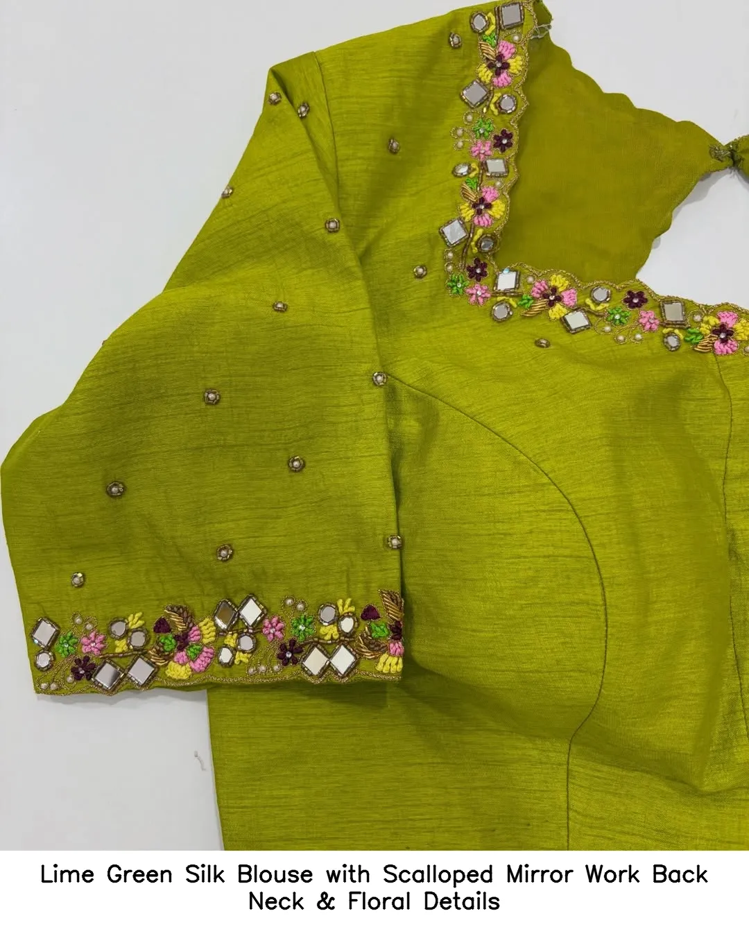Lime Green Silk Blouse with Scalloped Mirror Work Back Neck & Floral Details