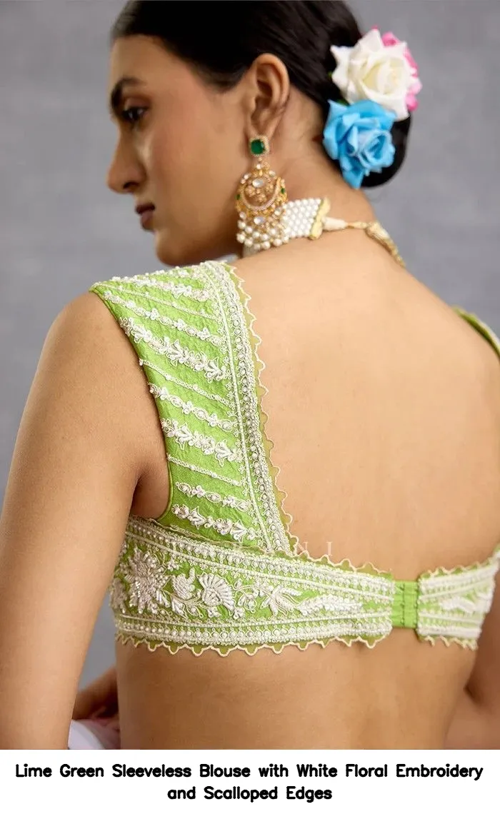 Lime Green Sleeveless Blouse with White Floral Embroidery and Scalloped Edges