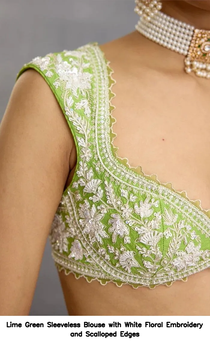 Lime Green Sleeveless Blouse with White Floral Embroidery and Scalloped Edges