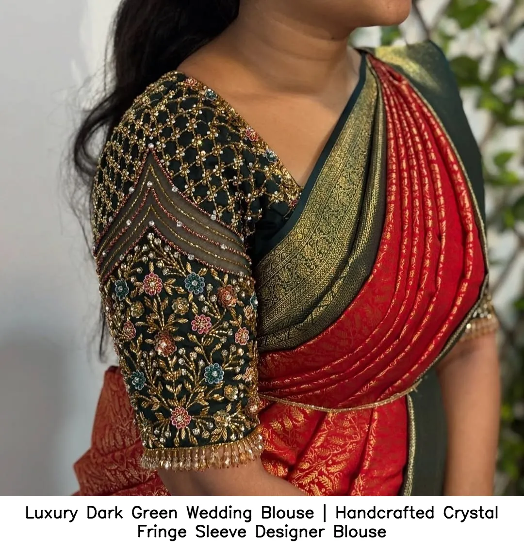 Luxury Dark Green Wedding Blouse | Handcrafted Crystal Fringe Sleeve Designer Blouse