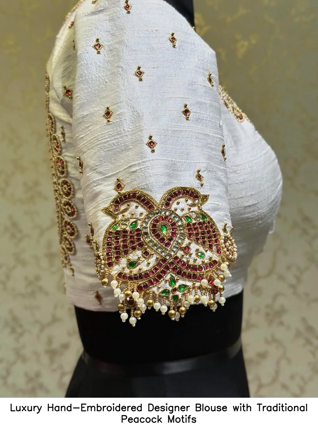 Luxury Hand-Embroidered Designer Blouse with Traditional Peacock Motifs