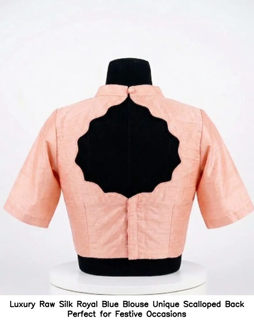 Luxury Raw Silk Royal Blue Blouse – Unique Scalloped Back Perfect for Festive Occasions