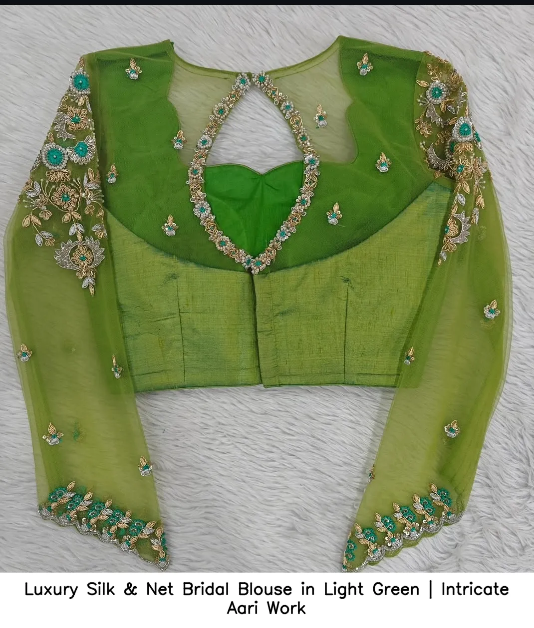 Luxury Silk & Net Bridal Blouse in Light Green | Intricate Aari Work