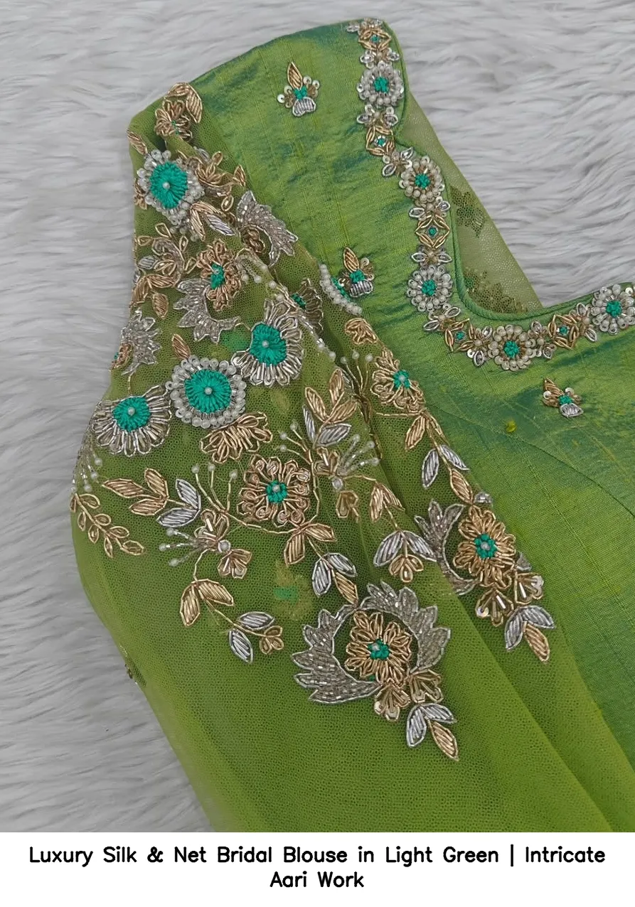 Luxury Silk & Net Bridal Blouse in Light Green | Intricate Aari Work