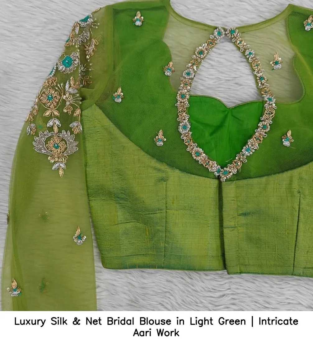 Luxury Silk & Net Bridal Blouse in Light Green | Intricate Aari Work