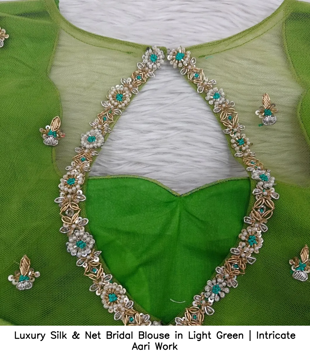 Luxury Silk & Net Bridal Blouse in Light Green | Intricate Aari Work