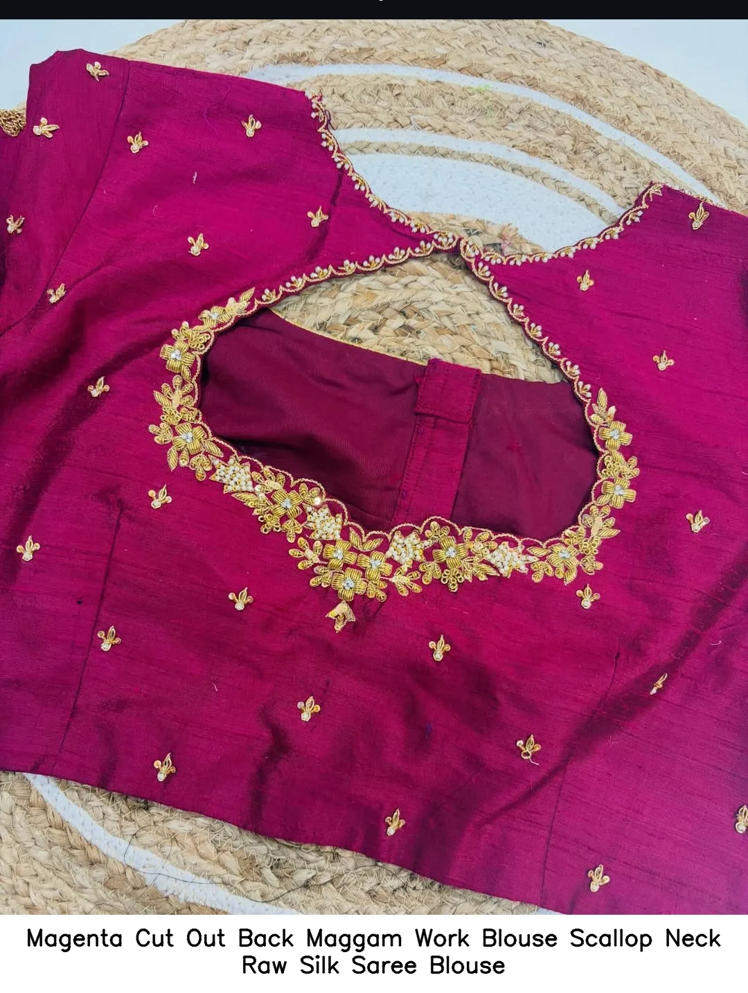 Magenta Cut Out Back Maggam Work Blouse – Scallop Neck Raw Silk Saree Blouse