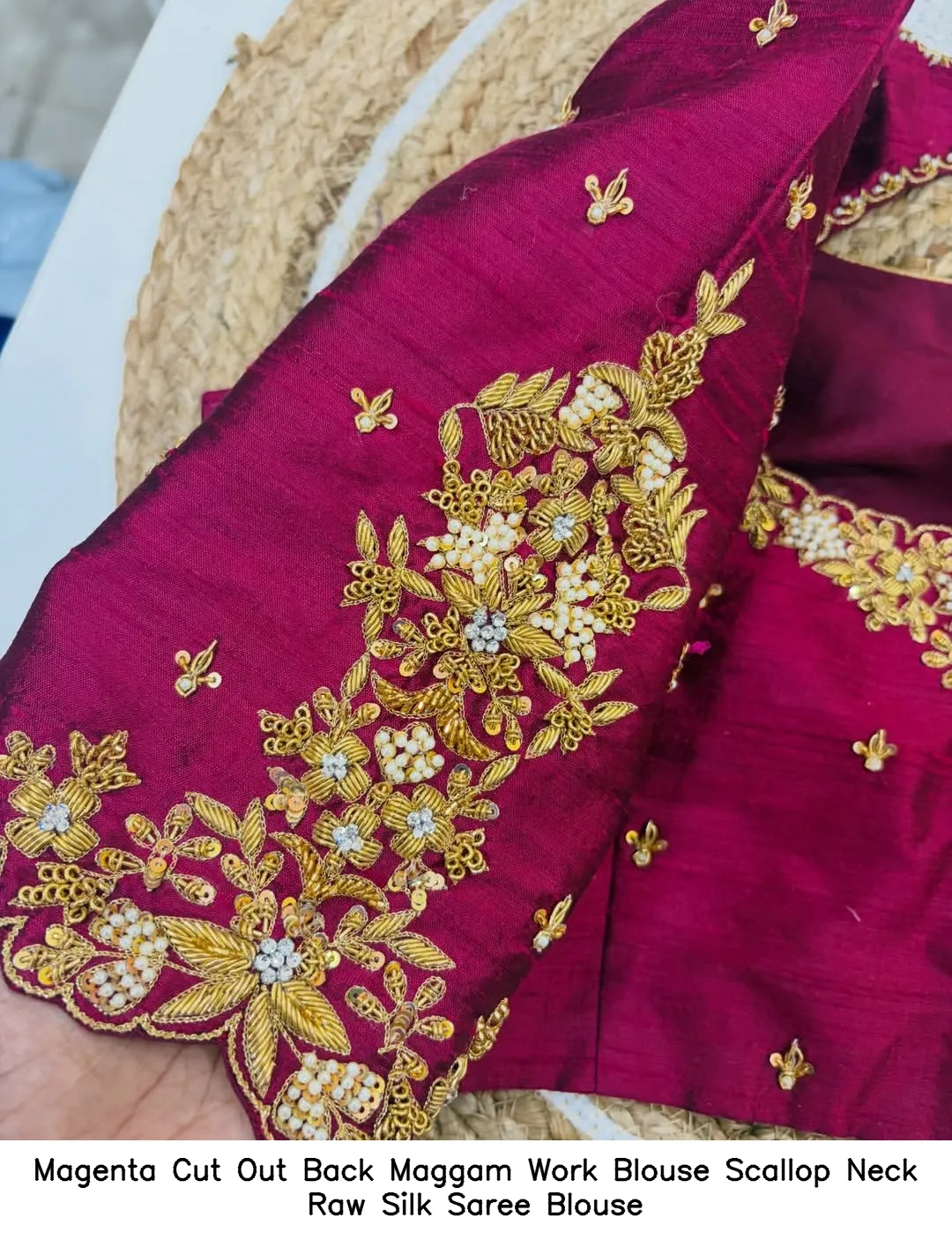 Magenta Cut Out Back Maggam Work Blouse – Scallop Neck Raw Silk Saree Blouse