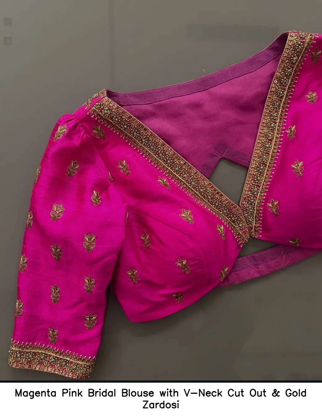 Magenta Pink Bridal Blouse with V-Neck Cut Out & Gold Zardosi