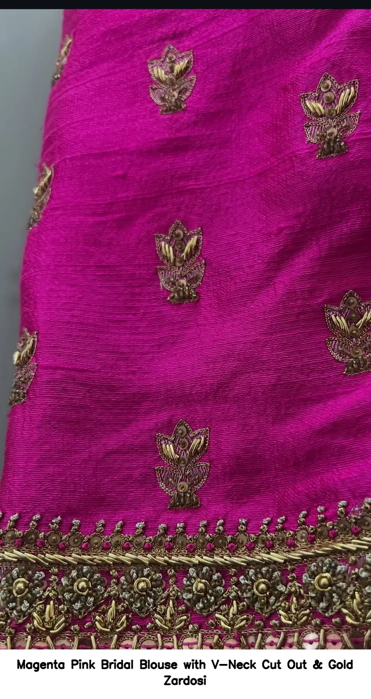 Magenta Pink Bridal Blouse with V-Neck Cut Out & Gold Zardosi