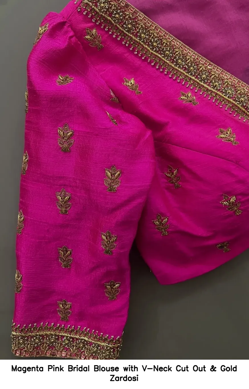 Magenta Pink Bridal Blouse with V-Neck Cut Out & Gold Zardosi
