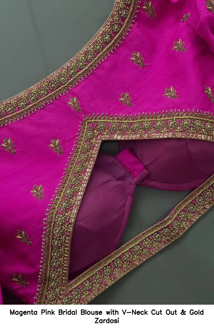 Magenta Pink Bridal Blouse with V-Neck Cut Out & Gold Zardosi