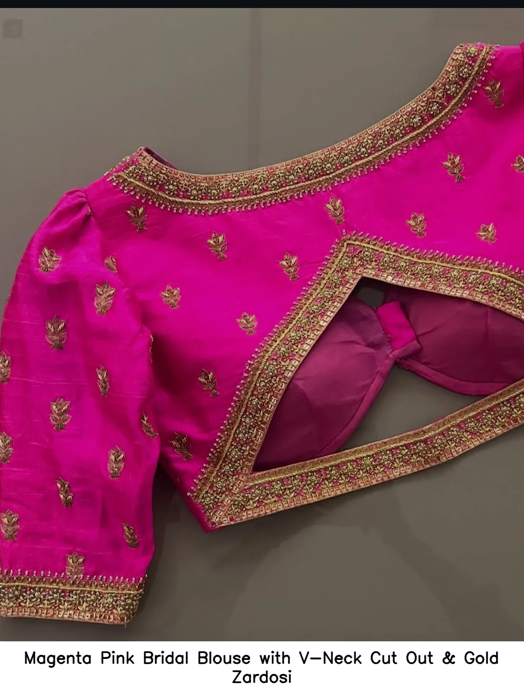 Magenta Pink Bridal Blouse with V-Neck Cut Out & Gold Zardosi
