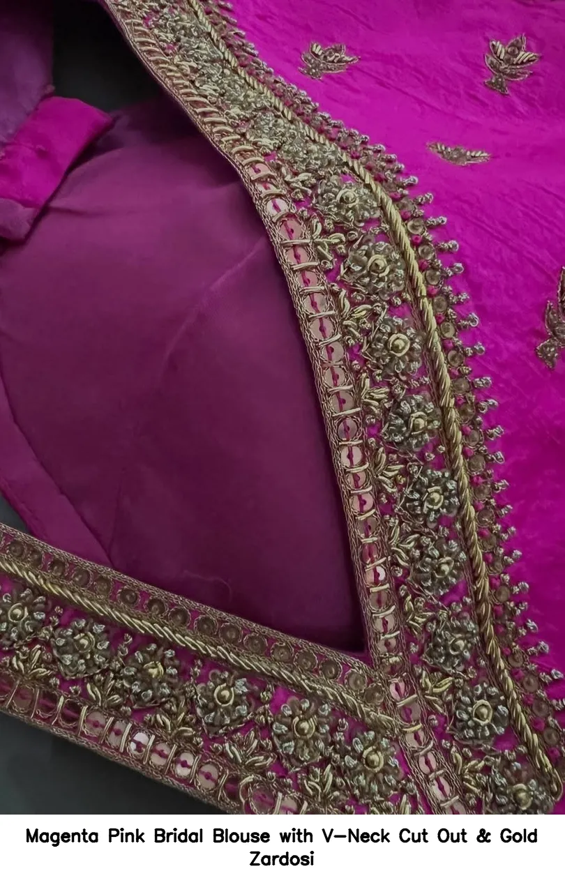 Magenta Pink Bridal Blouse with V-Neck Cut Out & Gold Zardosi