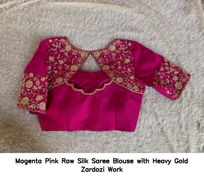 Magenta Pink Raw Silk Saree Blouse with Heavy Gold Zardozi Work