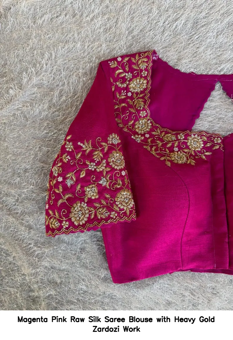 Magenta Pink Raw Silk Saree Blouse with Heavy Gold Zardozi Work