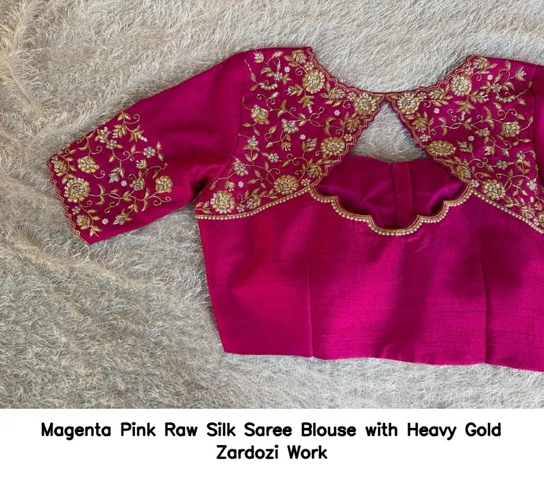 Magenta Pink Raw Silk Saree Blouse with Heavy Gold Zardozi Work