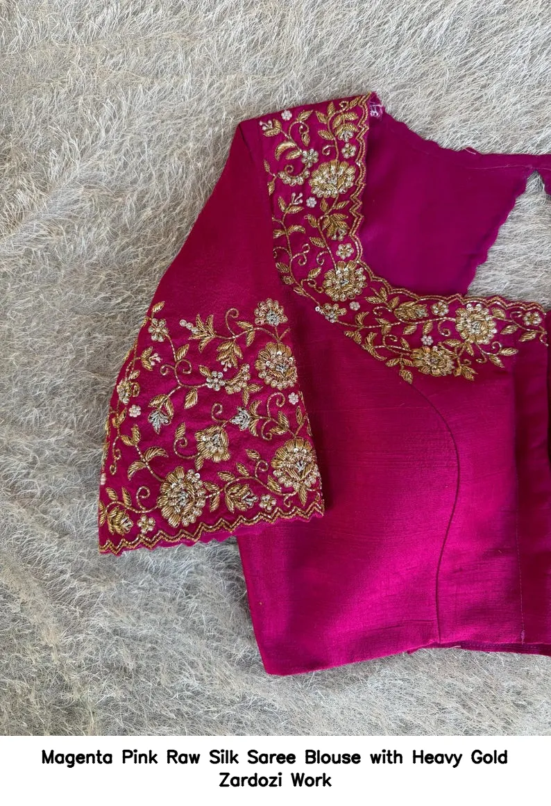 Magenta Pink Raw Silk Saree Blouse with Heavy Gold Zardozi Work