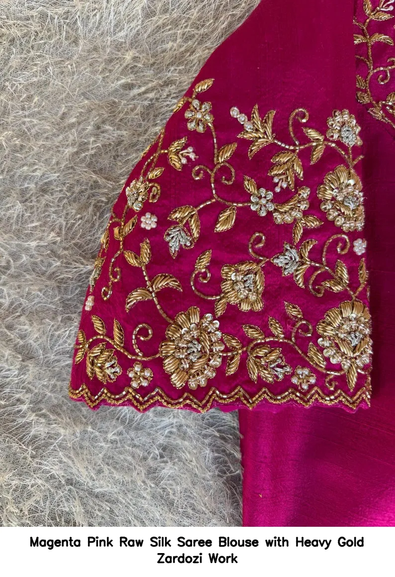 Magenta Pink Raw Silk Saree Blouse with Heavy Gold Zardozi Work