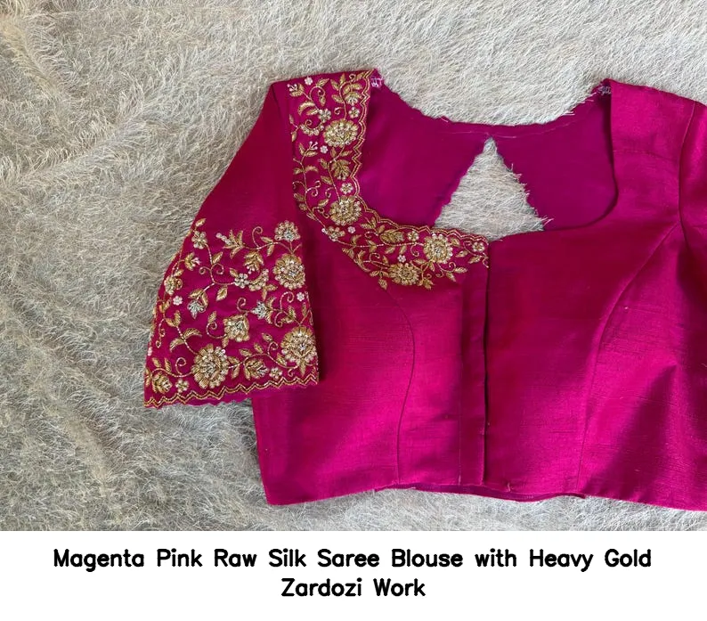 Magenta Pink Raw Silk Saree Blouse with Heavy Gold Zardozi Work